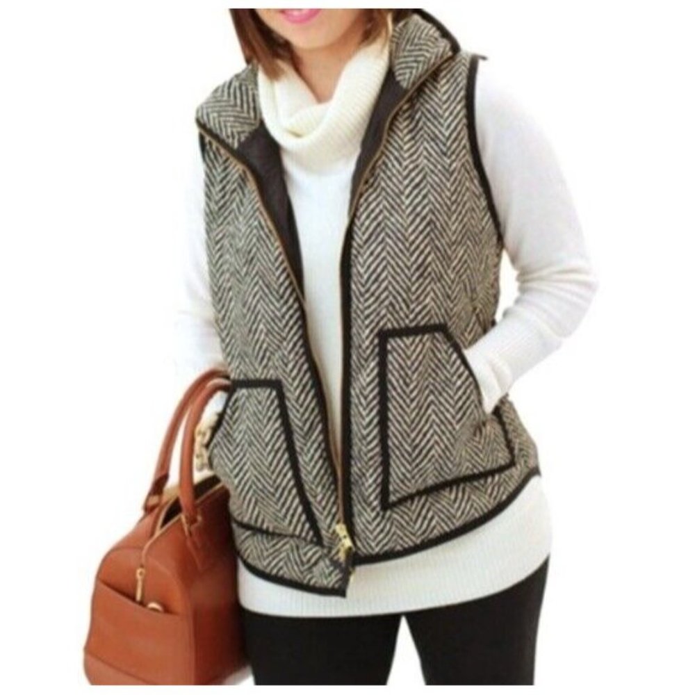 Merokeety Herringbone Quilted Vest Womens Size XS Black White Full Zip Pockets - Picture 2 of 10